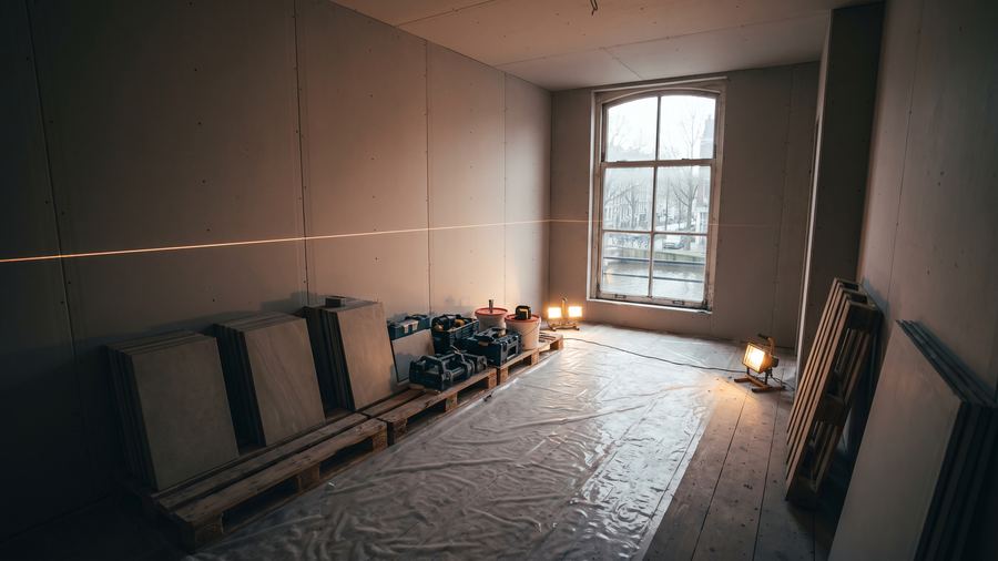 Renovatie in uitvoering in een Amsterdams appartement: strak gestucte wanden, laserlijn en netjes gestapeld tegelwerk
